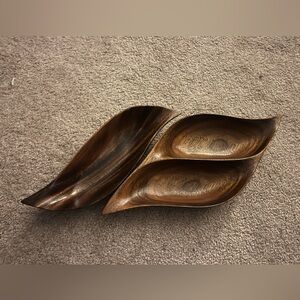 2 Vintage Monkey Pod Wooden MCM Leaf-Shaped Serving Trays